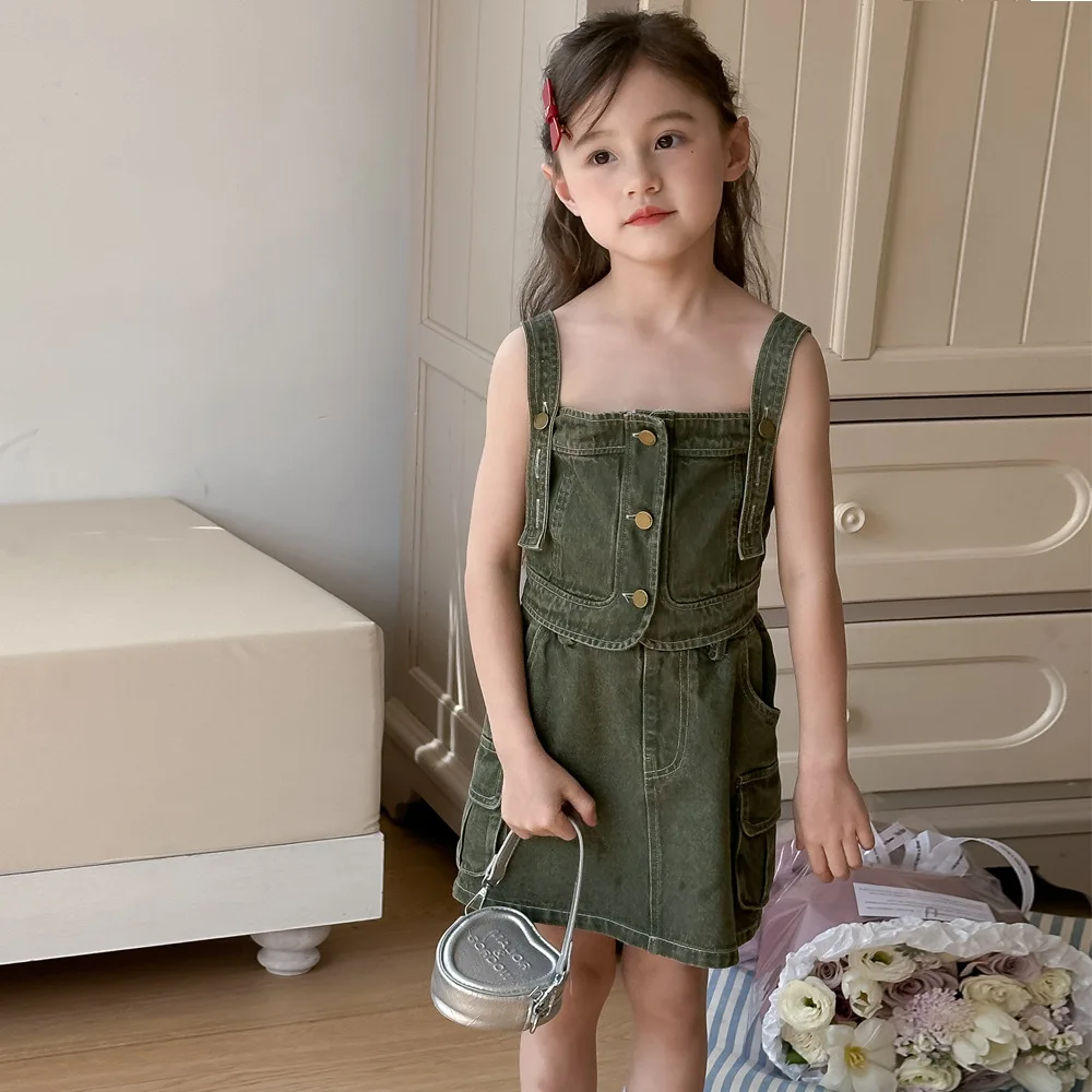 

Детские комплекты, летняя ковбойская короткая юбка на бретельках для девочек, модная однотонная безрукавка из двух предметов для девочек с эластичным поясом, 2024