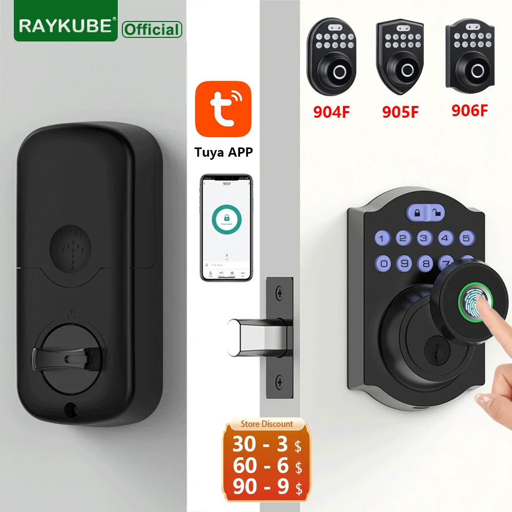 

RAYKUBE Tuya BLE Fingerprint Deadbolt Lock Smart Digital Lock With Auto Lock Delay Password/Key/APP Remote Unlock 904F/905F/906F