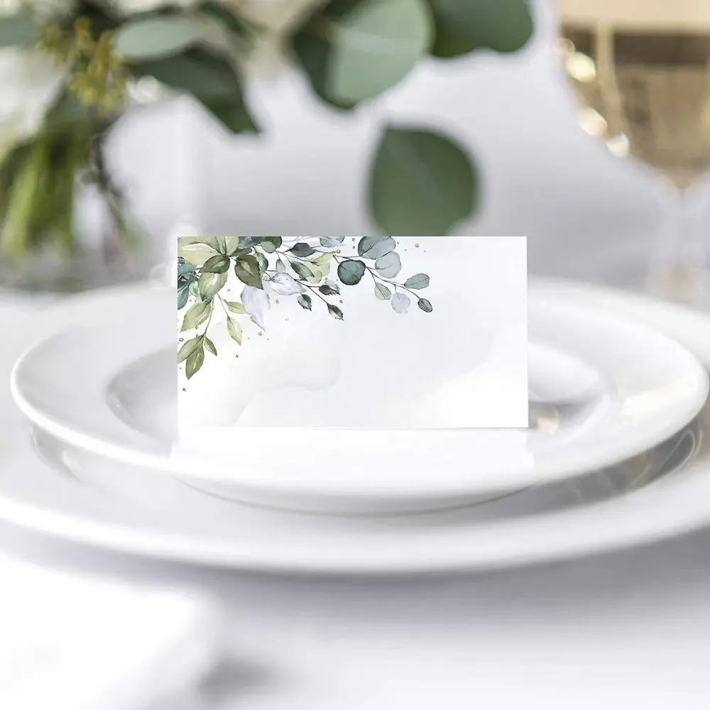 

50pcs Simplicity Green Leaf Table Place Cards Folded Cards Blank Printing Gift Cards Paper Tented Name Card Weddings