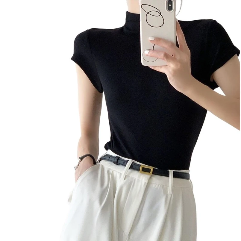 

Водолазка трикотажная черная короткая женская летняя облегающая футболка Базовая Сексуальная уличная одежда Топы с коротким рукавом Однотонные блузки