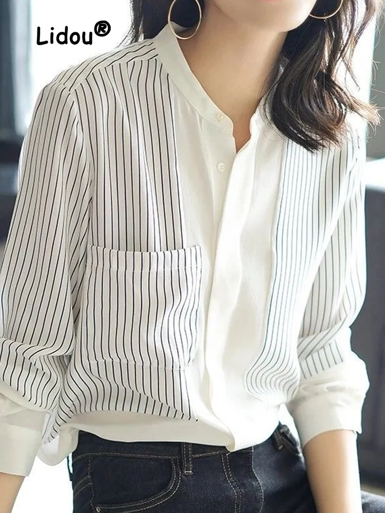Simple Office Lady Temperament Top Women Spring Summer New Long Sleeve Loose Pocket Stripe V-neck All-match Chiffon Shirt
Simple Office Lady Temperament Top Women Spring Summer New Long Sleeve Loose Pocket Stripe V-neck All-match Chiffon Shirt