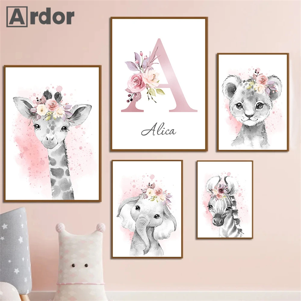 Custom Name Poster Pink Flower Lion Elephant Zebra Giraffe Nursery Print Canvas Painting Wall Art Picture Baby Girl Room Decor
Custom Name Poster Pink Flower Lion Elephant Zebra Giraffe Nursery Print Canvas Painting Wall Art Picture Baby Girl Room Decor