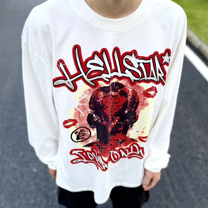 

Y2K Washed HELLSTAR Rodman Flame T Shirt Men Women High Quality Oversized West Coast Street Long Sleeve T-Shirt Tee GYM