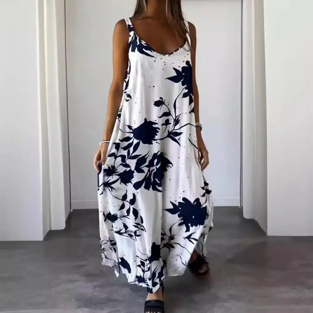 

Summer Women Sundress V Neck Sleeveless Backless Floral Print Loose Contrast Color Vacation Beach Style Casual Long Dress Daily