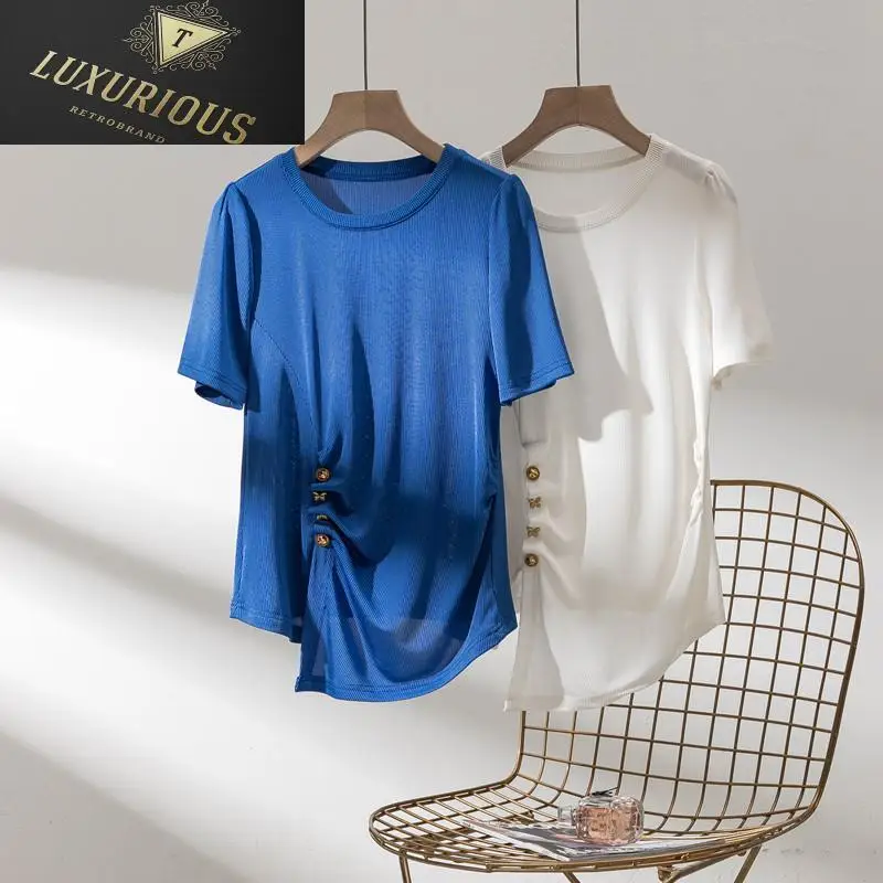 Summer Clothes For Women Korean Fashion Simple Solid Pit Pattern Thin Waist Pinch Pleated V-neck Elastic Slim Women's T-shirts
Summer Clothes For Women Korean Fashion Simple Solid Pit Pattern Thin Waist Pinch Pleated V-neck Elastic Slim Women's T-shirts