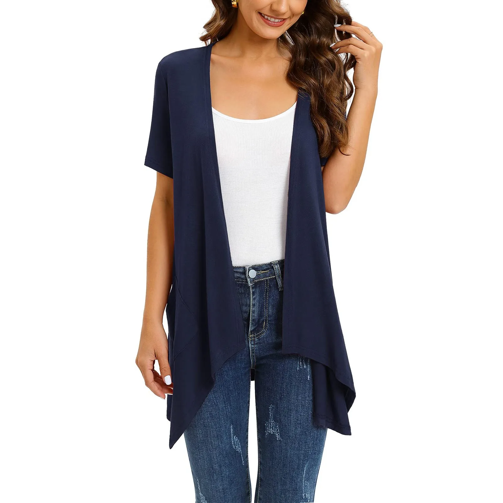 

Women's Short Sleeve Cardigan Draped Open Front Vest Asymmetric Hem Tops Ladies Casual Loose Vintage Long Cardigans