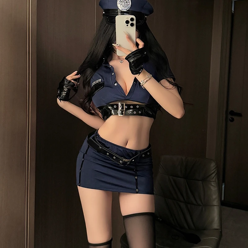 

Sexy Policewoman Uniform Role Play Costume Women Police Sexy Bodysuit Women Cosplay Instructor Sexy Mini Skirt Set with Hat