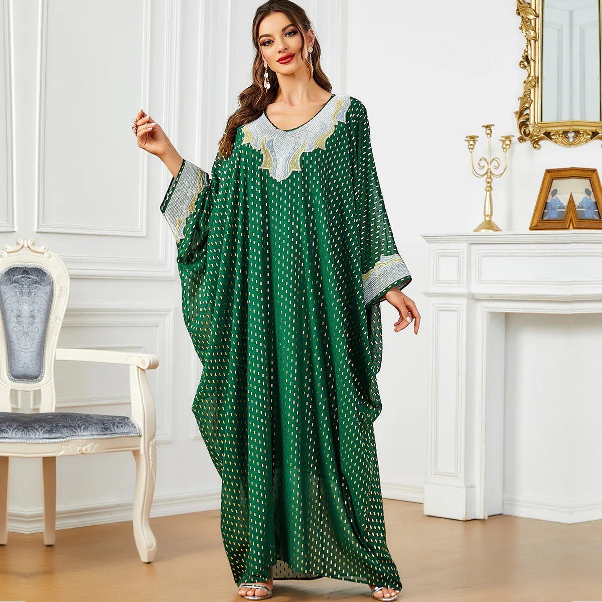 Abaya For Women Ramadan Bat Sleeves Arabic Green Polka Dot Gilded Women's Super Loose Mushim Dress Fashion V-neck Women Clothing
Abaya For Women Ramadan Bat Sleeves Arabic Green Polka Dot Gilded Women's Super Loose Mushim Dress Fashion V-neck Women Clothing