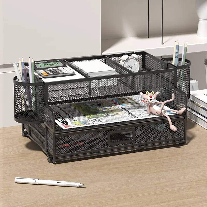 

3-layer mesh desk organizer with drawer, desktop paper mail organizer with pen holder, multi-functional desk organizer for home