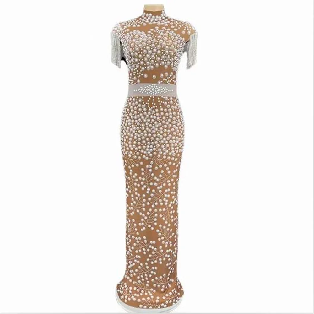 Brown Shining Pearls Fringe Sleeveless High Neck Sexy Women Split Dress Evening Birthday Party Club Wear On-Stage Singer Costume
Brown Shining Pearls Fringe Sleeveless High Neck Sexy Women Split Dress Evening Birthday Party Club Wear On-Stage Singer Costume