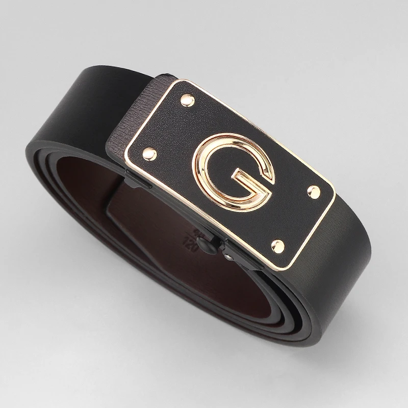 

G Letter Toothless Casual Belts High Quality Men Smooth Automatic Buckle Black Brand 3.4CM Genuine Leather Younth JeansWaistban