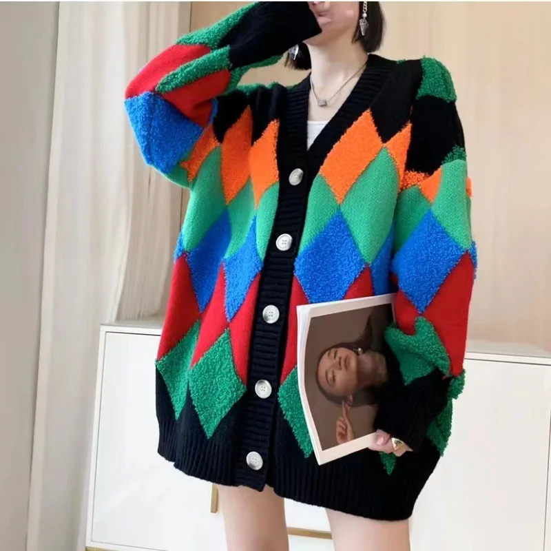 Women's Rainbow Color Matching Argyle Lazy Loose Button Knitted Cardigan Autumn Fashion Oversized Long-sleeved Harajuku Coat
Women's Rainbow Color Matching Argyle Lazy Loose Button Knitted Cardigan Autumn Fashion Oversized Long-sleeved Harajuku Coat