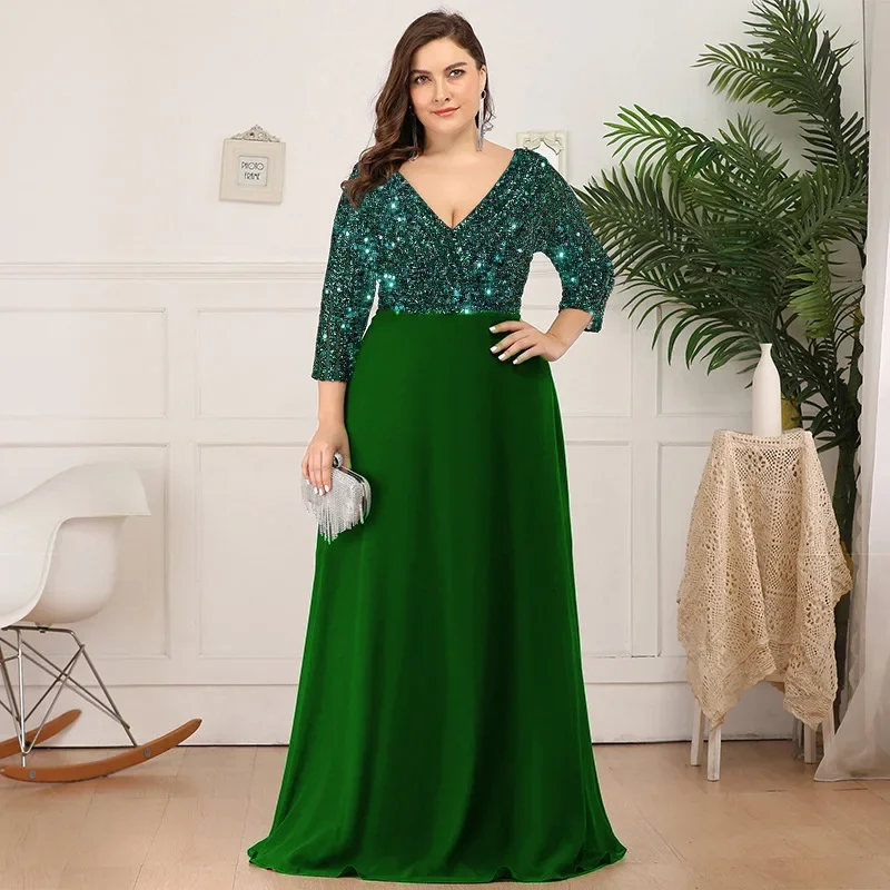 

Dress Loose Women 2024 New Fashion Large Sexy Sequins Chiffon Splicing V-neck Mid-sleeved Cocktail Party Evening Dress