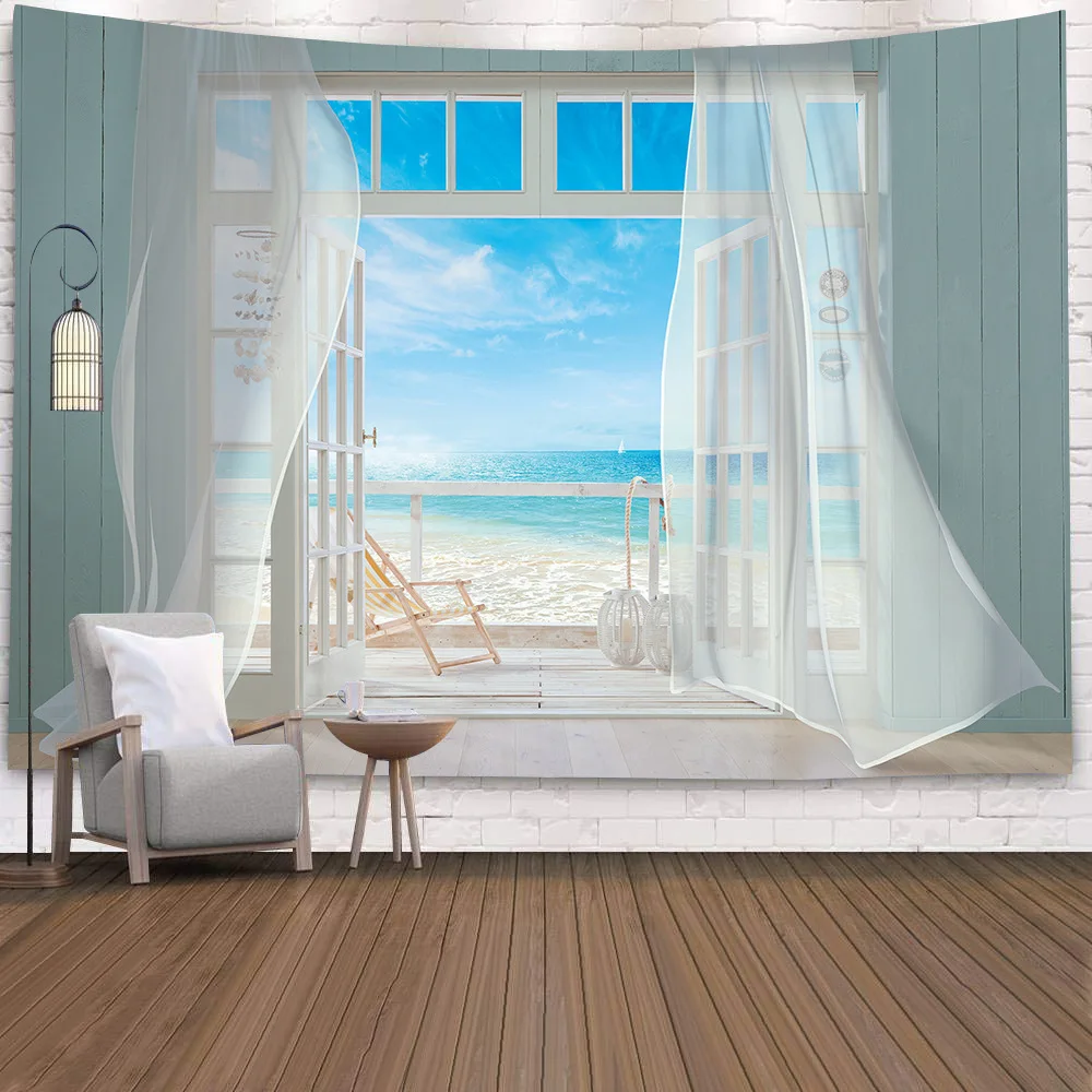 

Oversized landscape tapestry beach window background hanging cloth bedside Nordic bedroom dormitory wall decoration tapestries