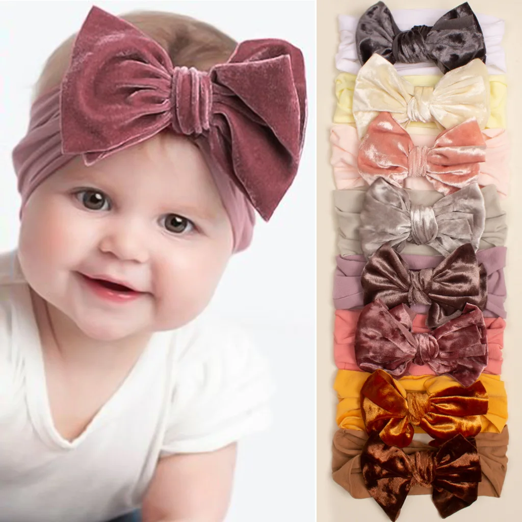 

1pcs Baby Headwrap Girls Headband Newborn Toddler Birthday Solid Velvet Turban Elastic Bows Ktic Kids Headbands Hair Accessories