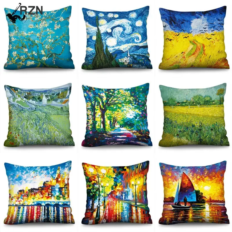 

Van Gogh's Oil Painting Cushion Cover Sofa Home Decorative Pillow Covers Sunflower Self-portrait Starry Sky Print Pillowcase