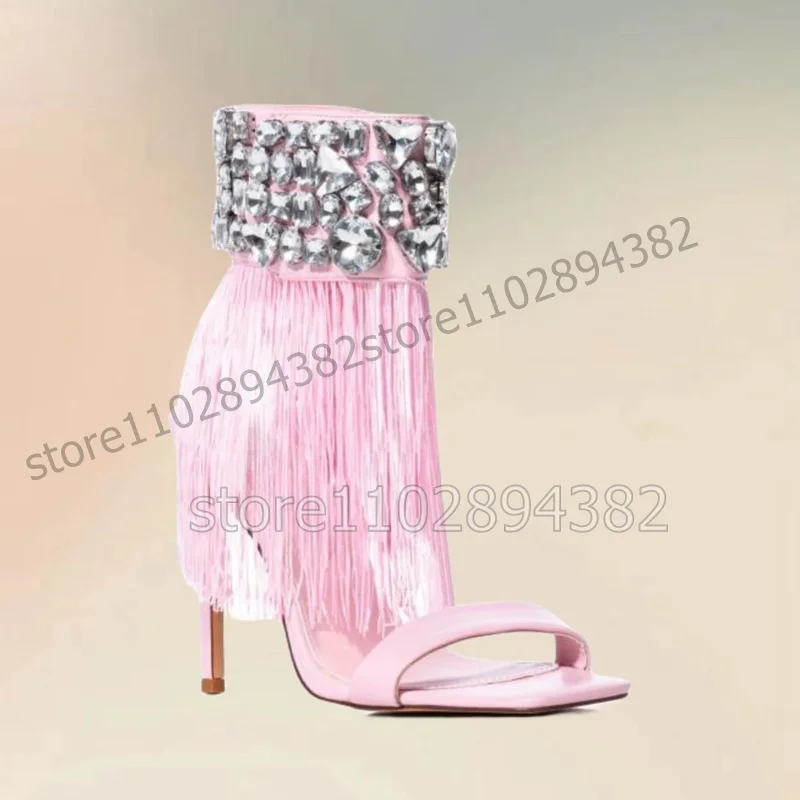 

Crystal Decor Pink Tassels Open Toe Sandals Boots Slip On Women Shoes Thin High Heels Fashion Banquet 2023 Zapatos Para Mujere