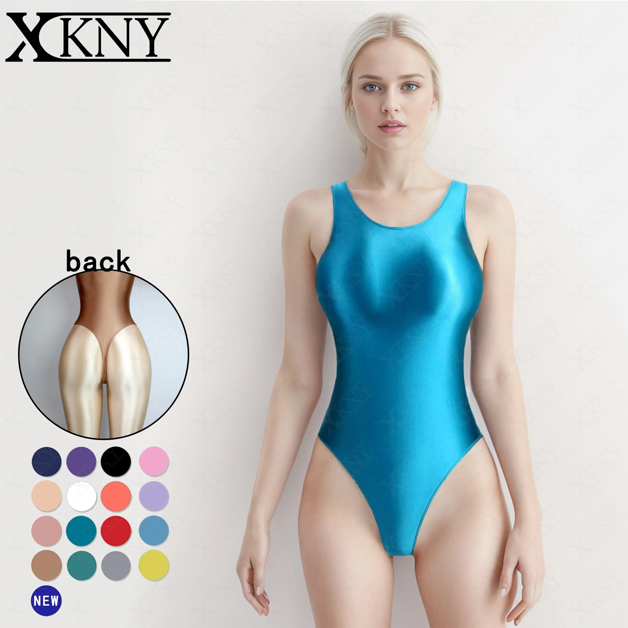 

XCKNY Satin Glossy Leotards One Piece swimsuit Sexy High-Cut Bikini Thong Bodysuit Women Shiny Bathing Suit glossy swimsuit