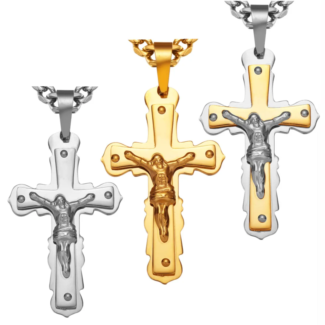 

Silver Tone/Gold Tone 316L Stainless Steel Christian Jesus Cross Pendant Necklaces Cuban Link Chain 6mm Wide 18-36inch Long