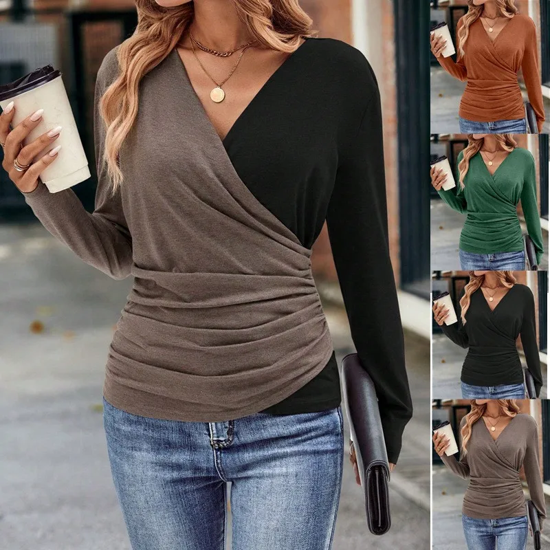 

Wedifor Fall Winter V Neck Women Shirts Fashion Long Sleeve Folds Casual T-Shirt Elegant Office Work Ladies Clothing Dropship