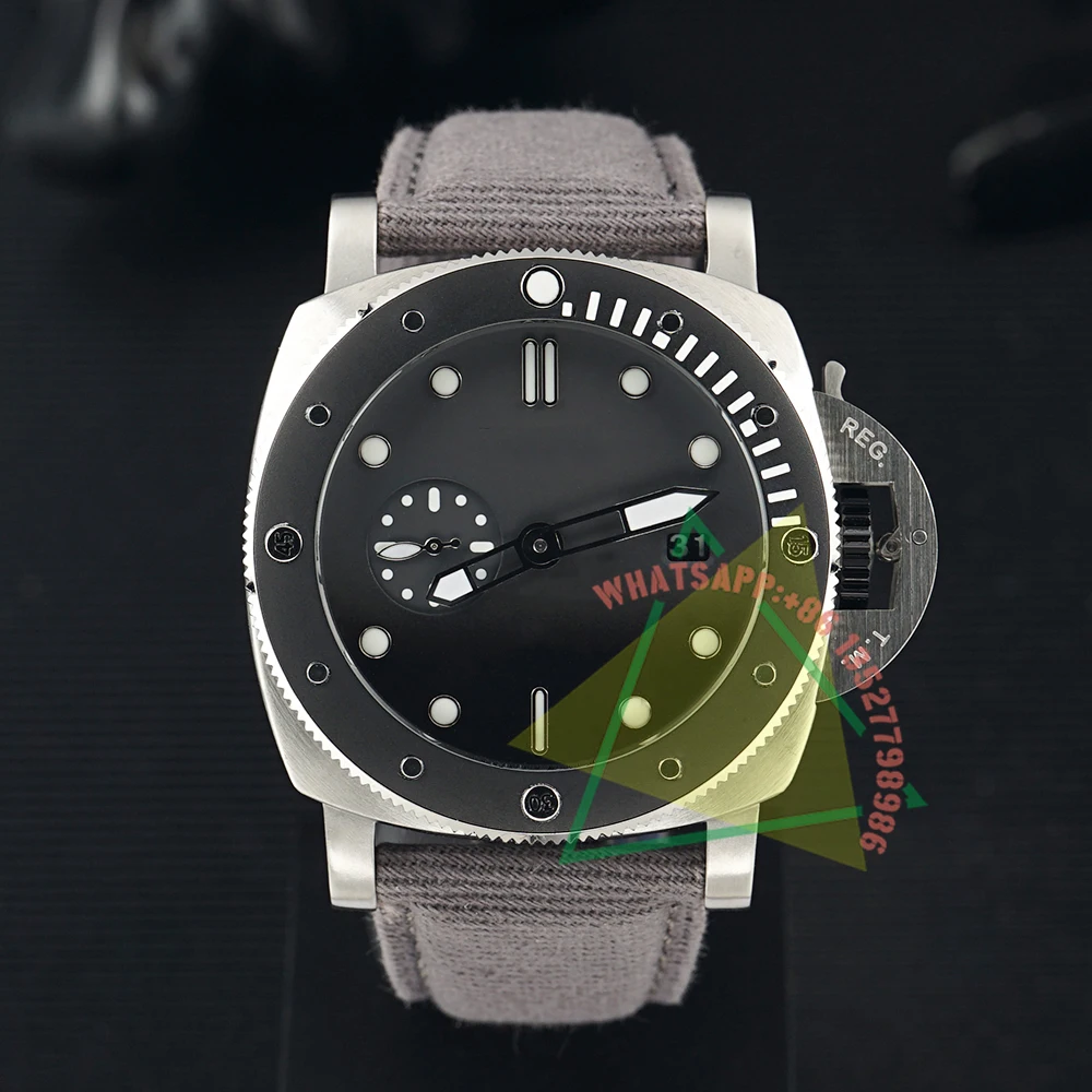 

2023 Top New Waterproof Fashion Automatic Men's Watch 47MM Steel Case Black Dial Gray Brown Canvas Strap Relogio Masculino