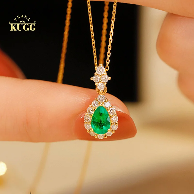 

KUGG 18K Yellow Gold Necklace Romantic Water Drop Design Real Natural Emerald Shiny Diamond Gemstone Necklace for Women Wedding