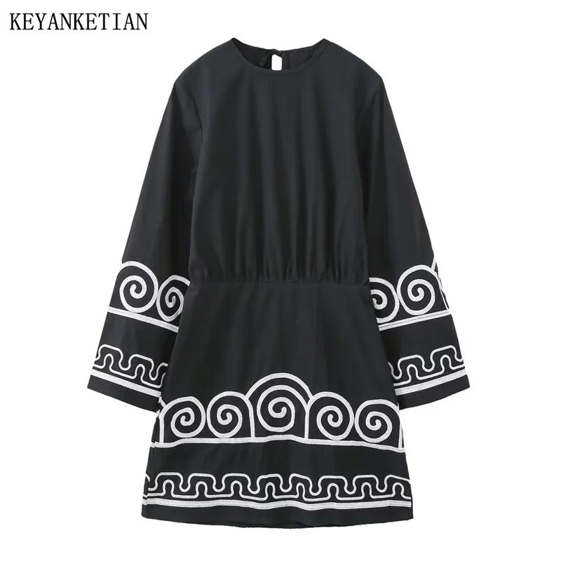 

KEYANKETIAN Autumn New Women's Totem Embroidered Dress National Vintage Lace Up O-Neck Long Sleeve Mini Dresses Black