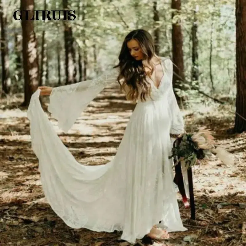 

2022 Country Style Wedding Dresses Boho Lace Long Sleeves Deep V Neck A Line Ivory Beach Bohemian Plus Size Summer Bridal Gowns