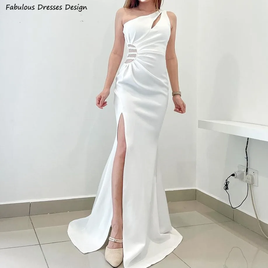 

Sexy White One Shoulder Bridesmaid Dresses Long Mermaid Slit Pleat Cut-out Wedding Guest Dress For Women Prom Party Gown