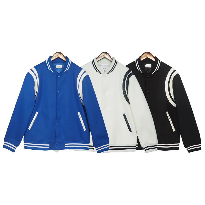 Rhude 22fw Double White Stripe Patchwork Woolen Patchwork Leather Men's And Women's Jacket Rhude Baseball Jacket
Rhude 22fw Double White Stripe Patchwork Woolen Patchwork Leather Men's And Women's Jacket Rhude Baseball Jacket