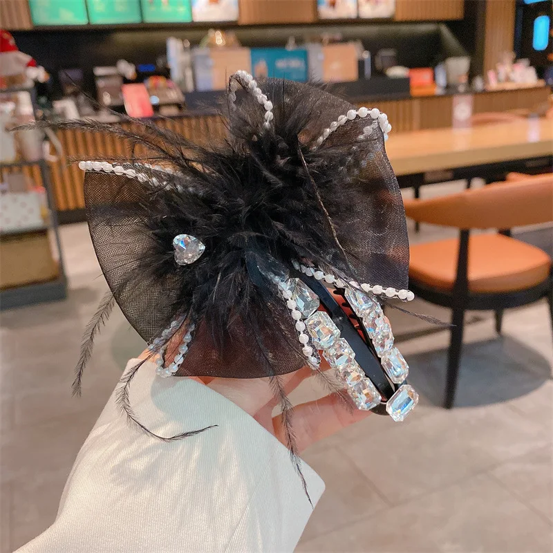 

Feather Bow Butterfly Hair Clip Crystal Rhinestone Hairpin Back Scoop Hair Clasp Lazy Clip Female Headwear Girl Hair Accessoires