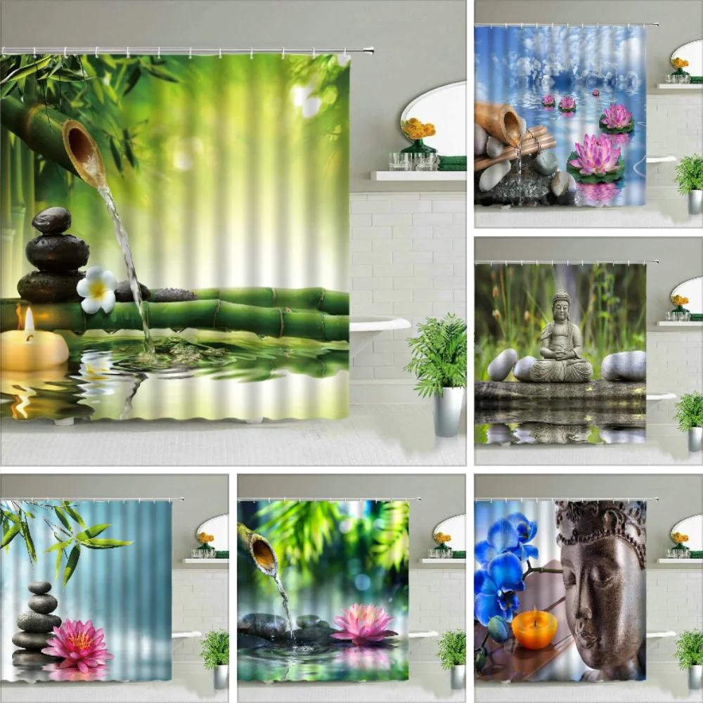 

Zen Green Bamboo Buddha Shower Curtains Water Candle Stone Lotus Plant Garden Scenery 3D Home Decor Cloth Hooks Bathroom Curtain