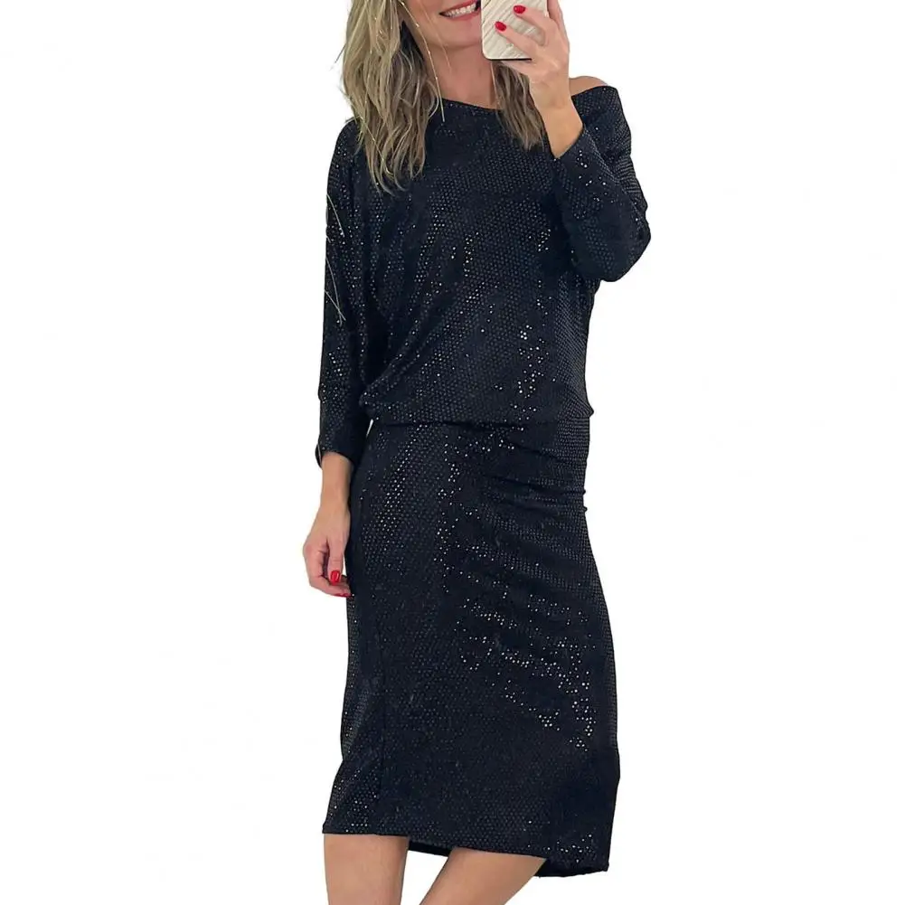 

Relaxed Fit Cotton Blend Dress Elegant Sequin One Shoulder Midi Dress for Women Solid Color Soft Party Clubwear with for Special