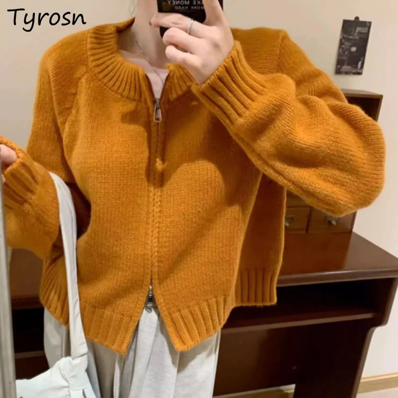 

Solid O-neck Cardigan Women Korean Style Soft Fluffy Fashion Knitted Sweaters Zipper Leisure Long Sleeve Winter Autumn Female