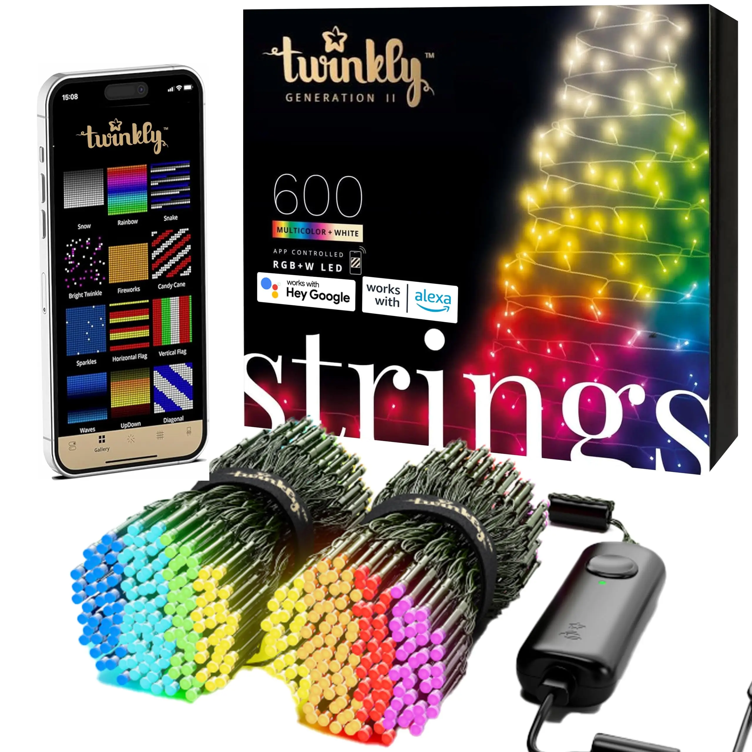 

Twinkly App-Controlled 157.5ft Smart String LED Lights with 600 RGB+W LEDs - WiFi & Bluetooth Connectivity, Sync with Music, Ind