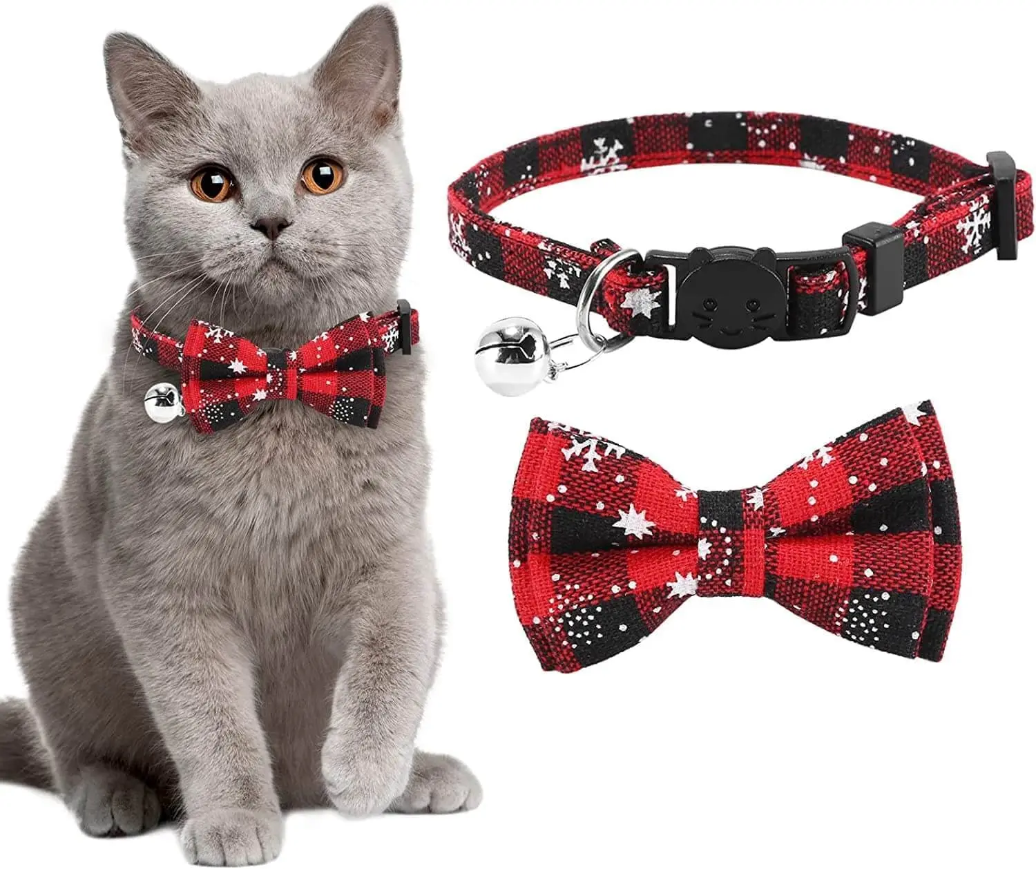 

Christmas Cat Collar Breakaway Cat Collars with Detachable Bow Tie and Bell Plaid Kitten Collar with Snowflake Pattern Bowties