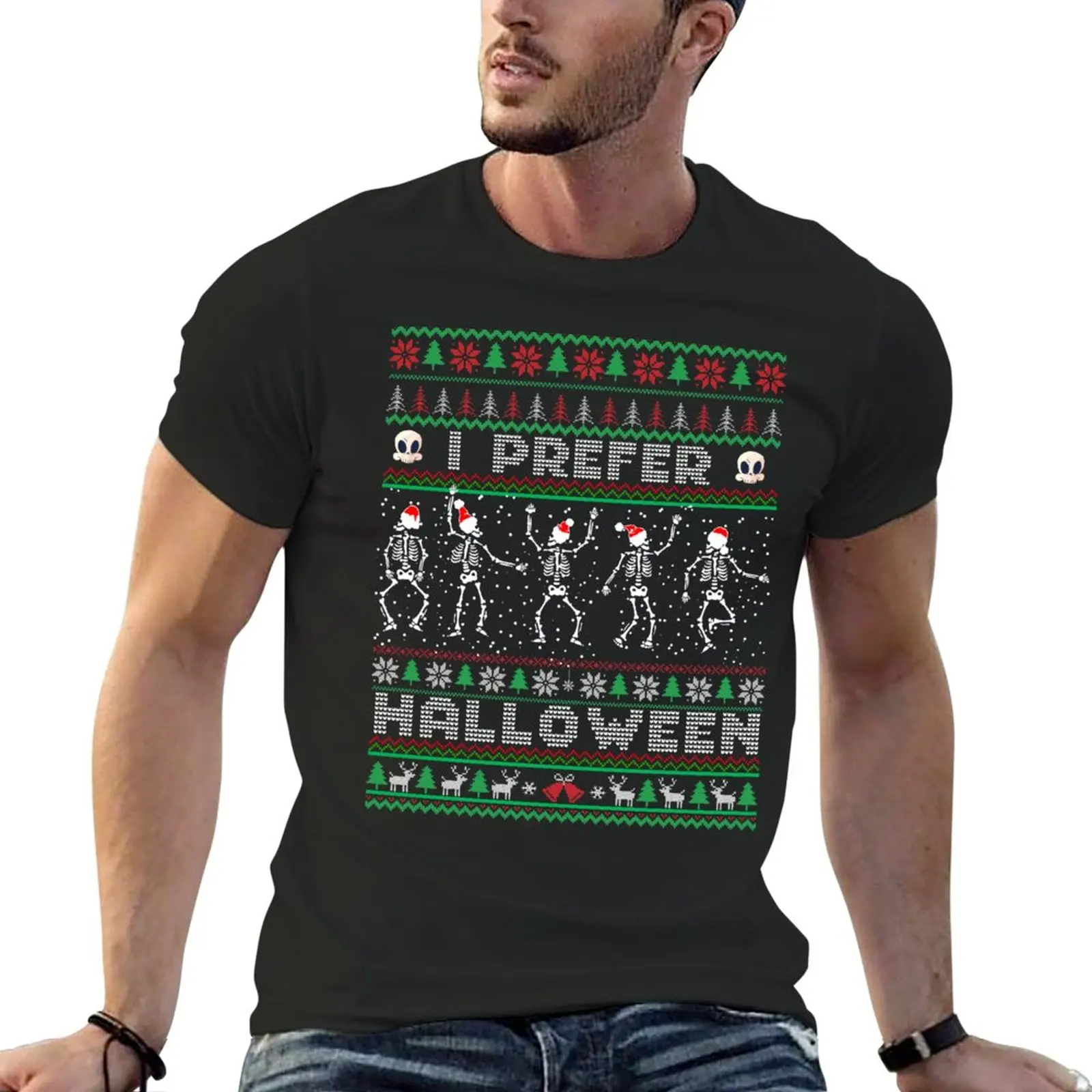 

Футболка мужская с забавным рождественским принтом «я предпочитаю Хэллоуин», простой винтажный свитер, летний топ
