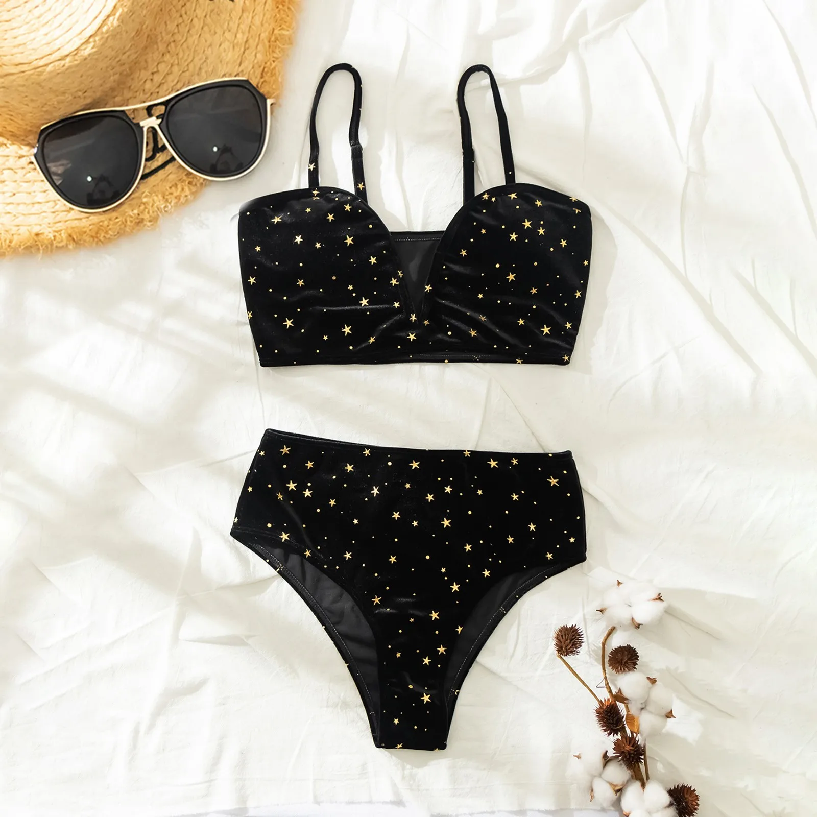 Conjunto De Bikini De Terciopelo Con Estampado De Estrellas Para Mujer