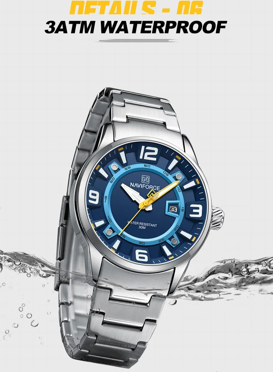 

Мужские кварцевые наручные часы NAVIFORCE 8044, браслет из нержавеющей стали, светящиеся водонепроницаемые деловые кварцевые часы с датой для мужчин