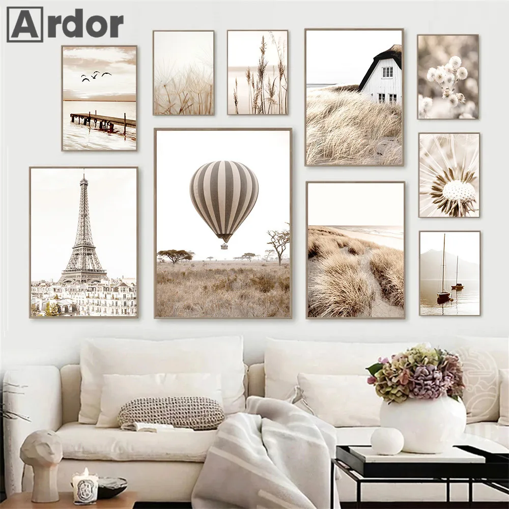 

Paris Tower Hot Air Balloon Wall Poster Beach Grass Reed Canvas Painting Dandelion Art Prints Nordic Wall Pictures Bedroom Decor