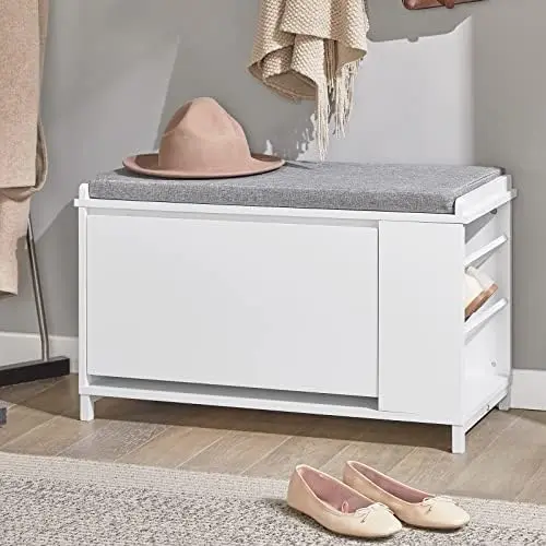 

White Storage Bench with 2 Doors, Shelf & Removable Seat Cushion, Shoe Cabinet, Shoe Bench Telescoping stool Wiggle stool Reposa