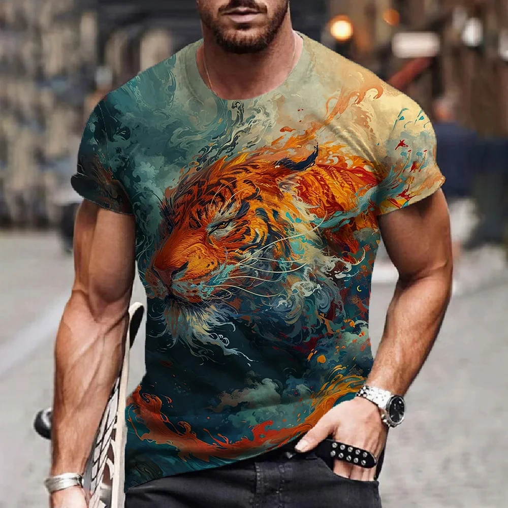 

Summer Trend T Shirt For Men 3d Tiger Print Boutique Animal Graphic T-Shirts Harajuku Oversized Short Sleeve Leisure O-Neck Tops