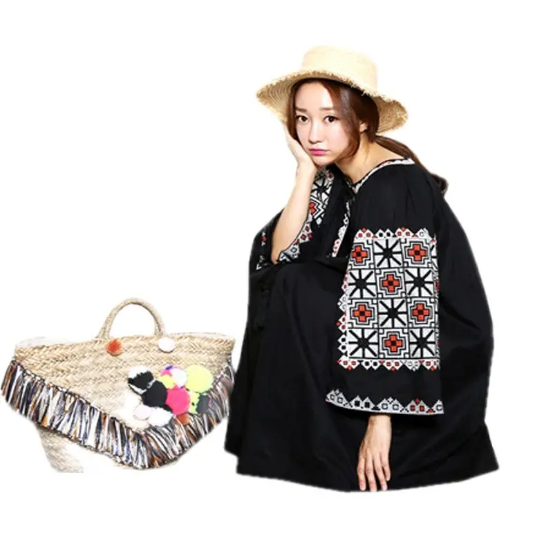 

YACKALASI Bohemian Dress Summer Women Vestido Loose Robe Belt O-Neck Heavy Embroidered Vintage Lantern Loose Sleeve