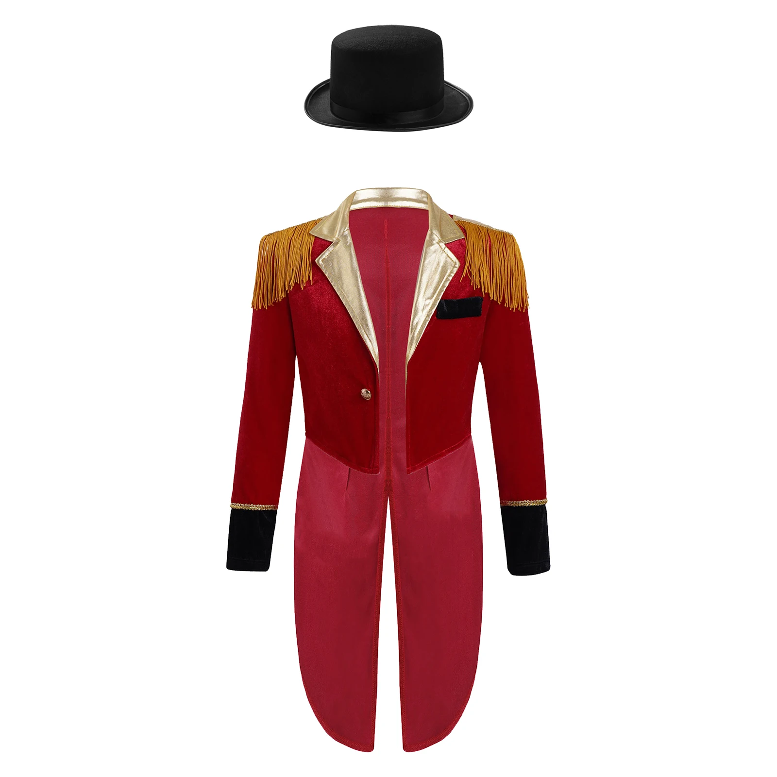 

Kids Boys Circus Ringmaster Costume Long Sleeve Lapel Tassels Coat with Hat Halloween Performance Party Cosplay Dress Up