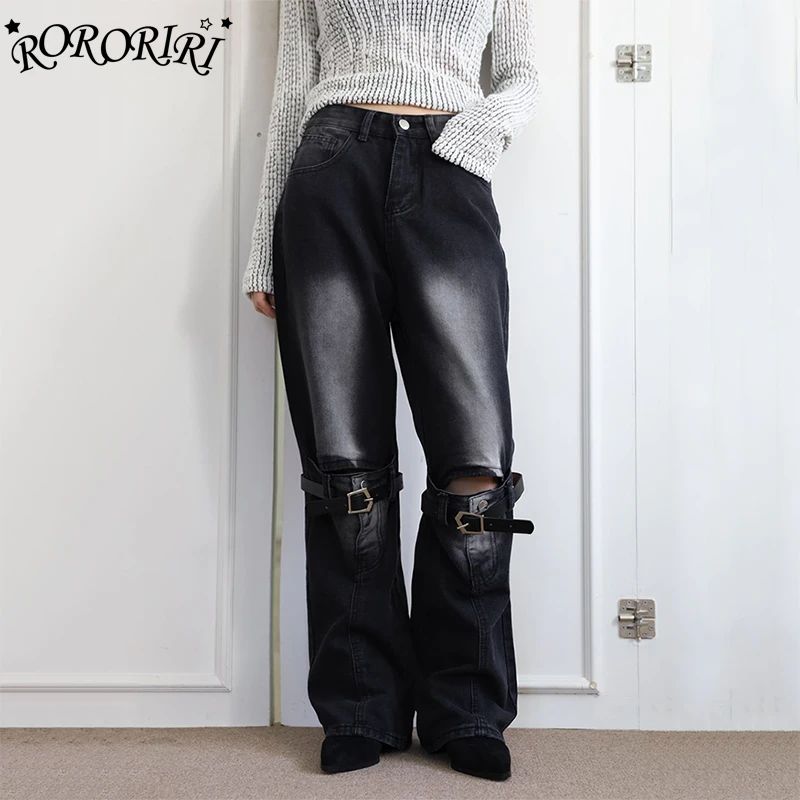 

RORORIRI Holes Belted Black Baggy Jeans for Women Vintage Wash Hollow-out Casual Wide Leg Pants Boyfriend Trousers Y2k Clothes