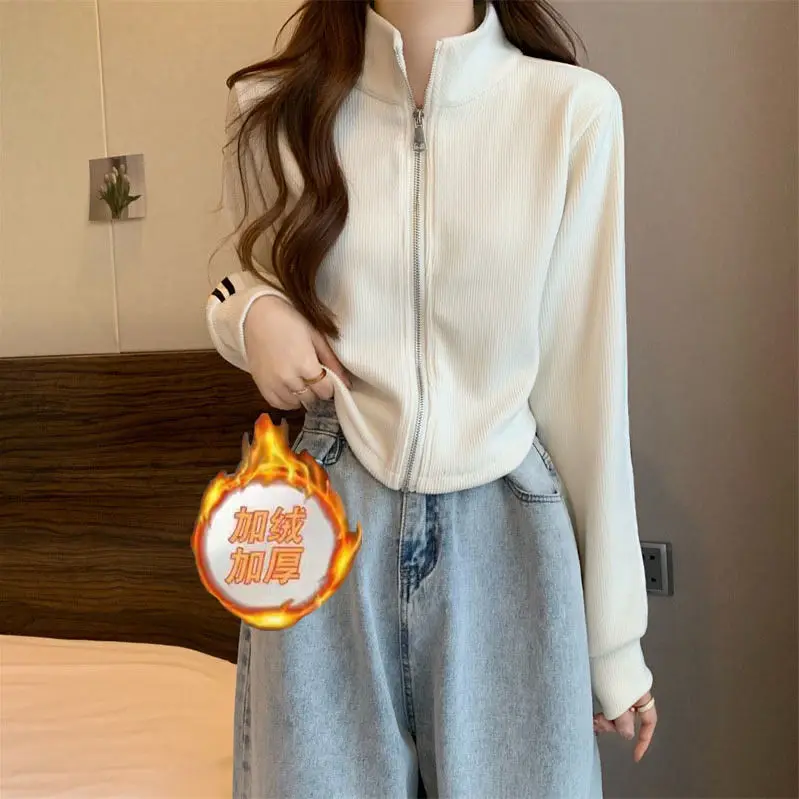 

Corduroy Shearling Sportwear Slim Fit Zipper Short Fleece Lined Jacket Female Winter Short Stand Collar Sweatshirt Crop Tops