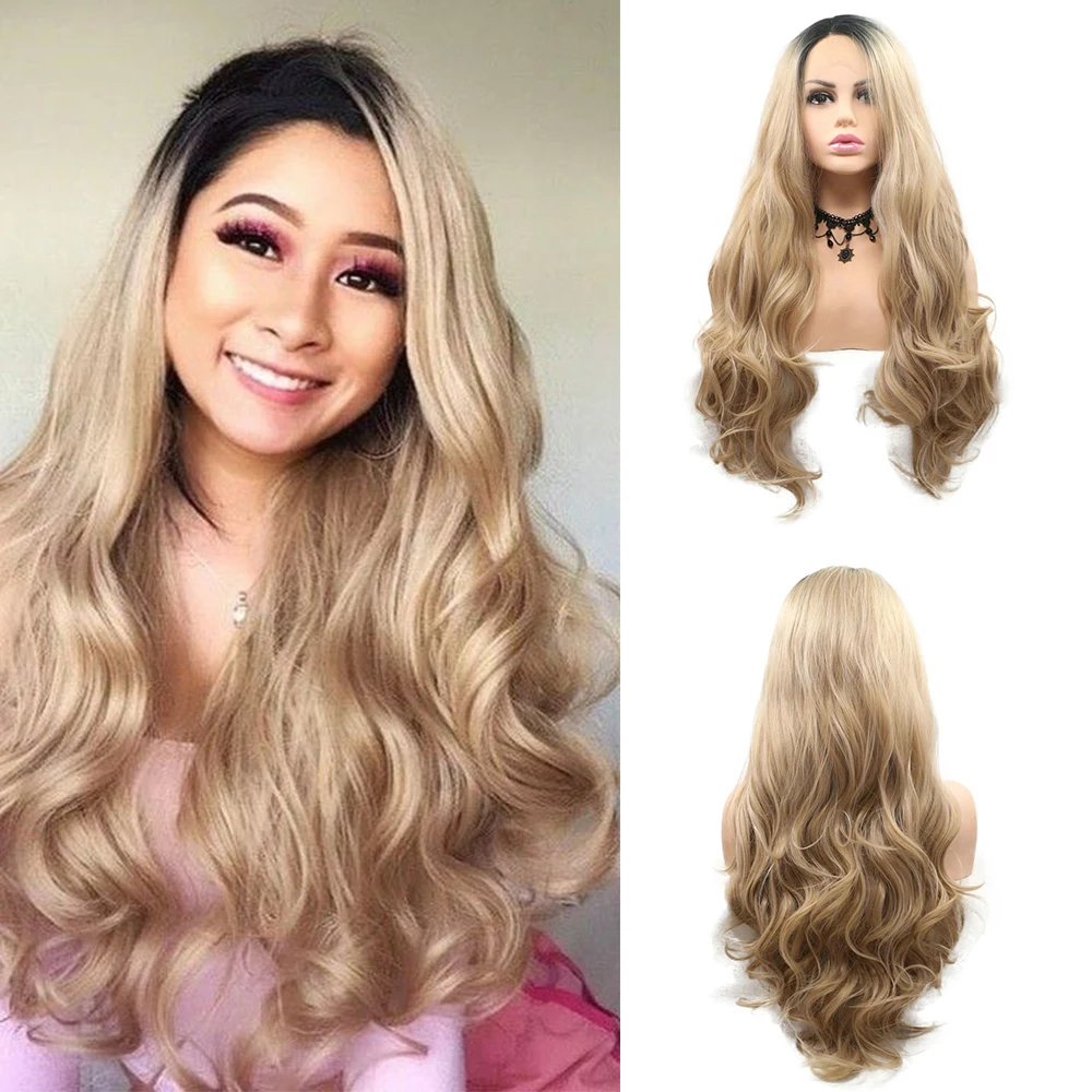 

Sylvia Long Blonde Ombre Synthetic Lace Front Wigs for Women Natural Hairline Wavy Wig Black Roots Cosplay Wigs Heat Resistant