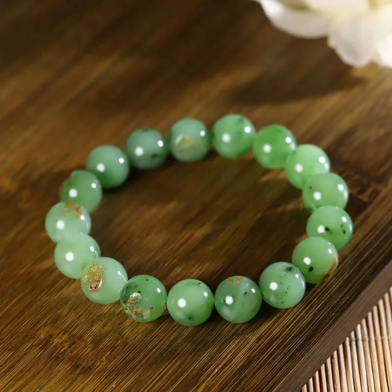 

Natural Xinjiang Hetian Russian Material Jasper Cute Color Pearl round Jade Bracelet with Certificate