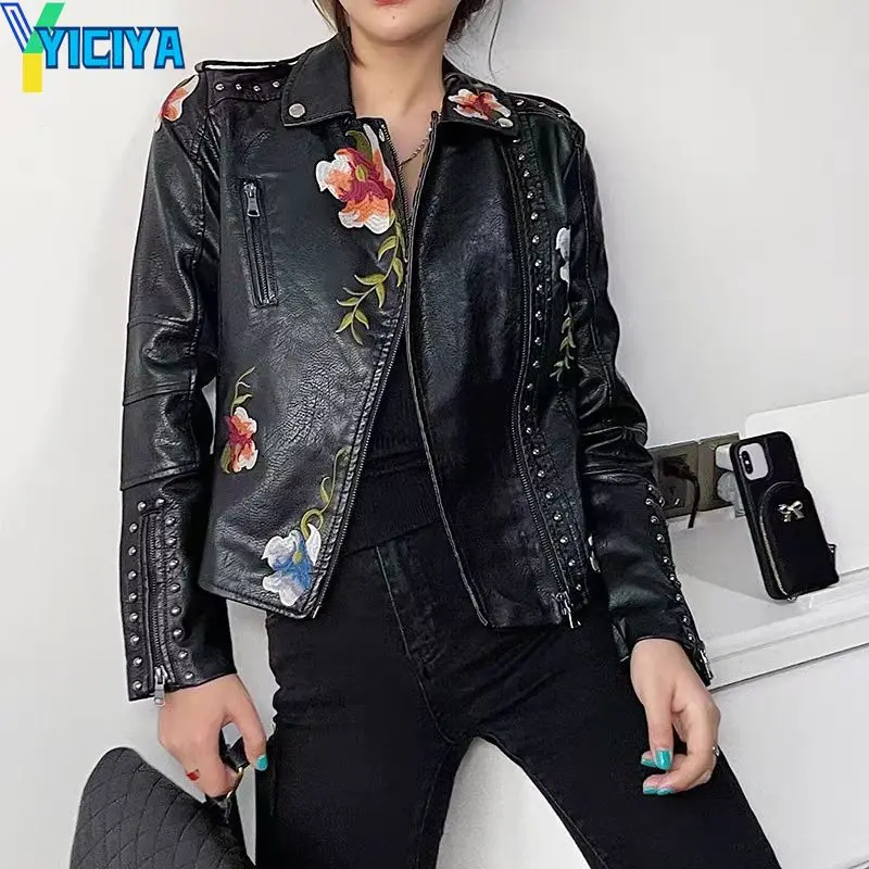 

YICIYA leather jacket Flower embroidery zipper Parker fashion coats women clothing bomber winter Jackets new outfits 2024 tops