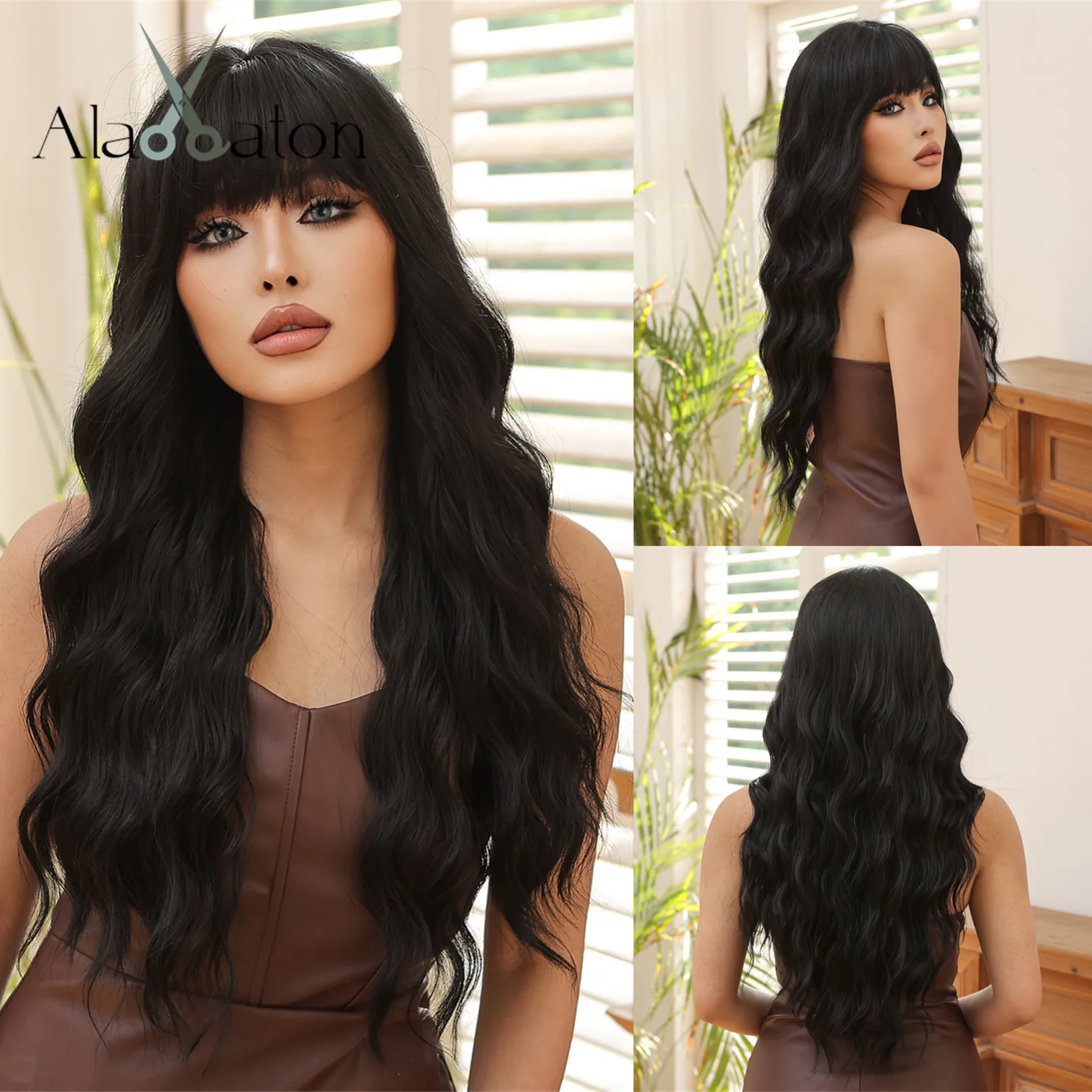 

ALAN EATON Dark Brown Curly Wigs Synthetic Hair with Bangs Long Wavy Wig for Women Soft Full Wig Natural Looking Heat Resistant